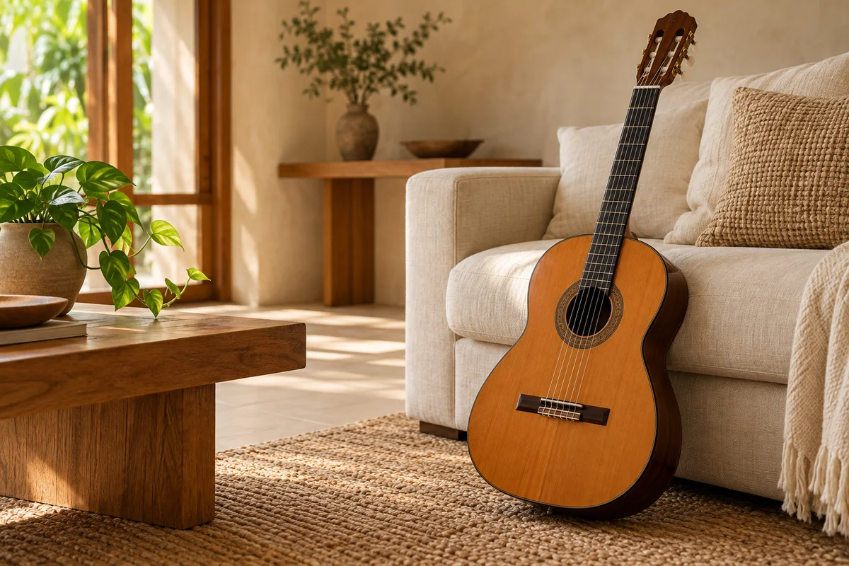 Violão acústico ao lado de um sofá, em uma sala aconchegante