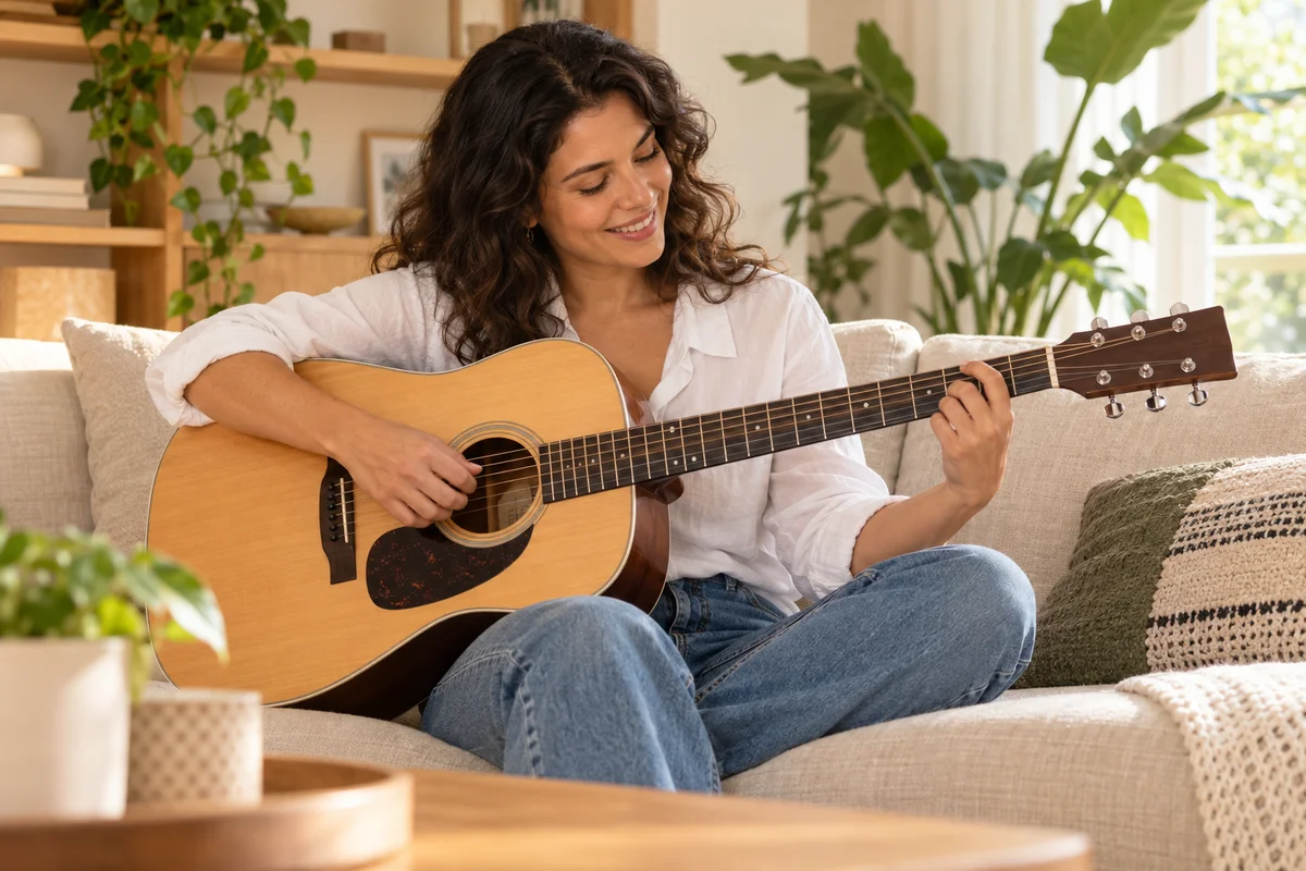 Cena conceitual de uma pessoa aprendendo violão em casa